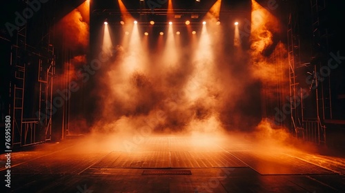 Empty stage lit in red with smoke, stage for public performances