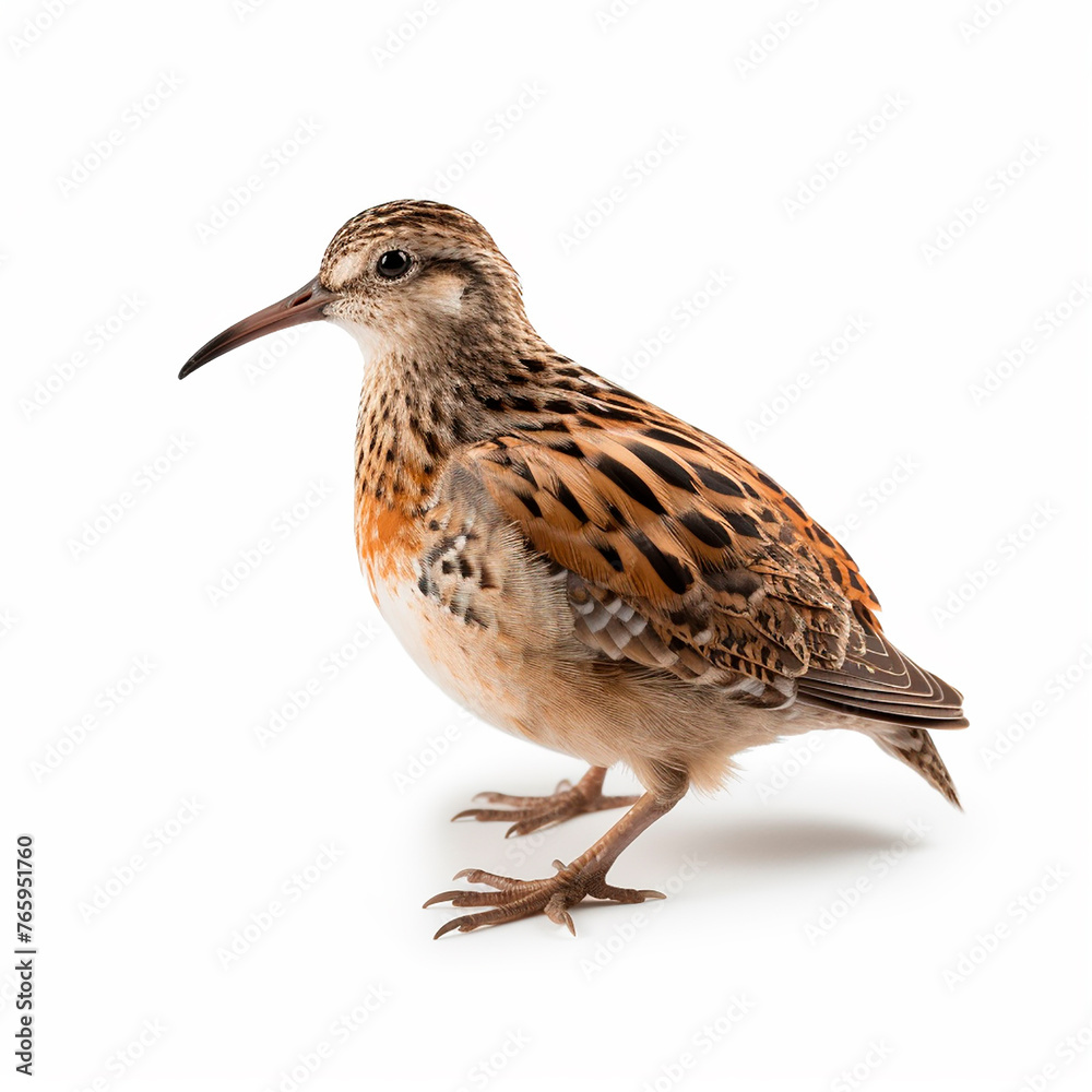 Small bird Woodcock Scolopax rusticola, perched on white surface, stands tall and alert. Its feathers are sleek and vibrant, contrasting against the plain backdrop. Small bird Woodcock Scolopax rusticola, perched on white surface, stands tall and alert. Its feathers are sleek and vibrant, contrasting against the plain backdrop.