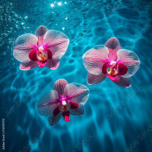 Three vibrant purple orchids gracefully float atop calm surface of body of water. Delicate petals of flowers create striking contrast against clear water, creating visually stunning scene.