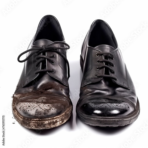 Pair of old, black leather shoes with visible creases and wear is placed against a stark white background.  Noticeable difference in condition between left and right shoe suggests they might have been