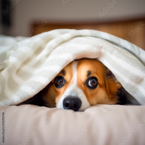 Brown and white dog  Cardigan Welsh Corgi comfortably laying on bed, peeks out from under cozy blanket. Dog appears relaxed and content, enjoying moment of rest on soft bedding.