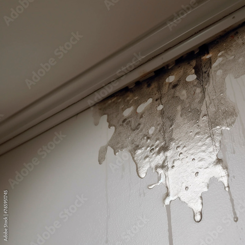 Close-up view of moldy corner of wall with water seeping through, showcasing presence of mold and moisture in building. Mold appears black and fuzzy, growing in patches along wall where water 