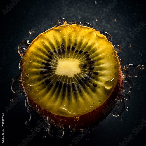Kiwi fruit has been sliced in half, revealing its vibrant green flesh dotted with tiny black seeds. Fruit is placed on stark black background, allowing its colors and textures to stand out. 