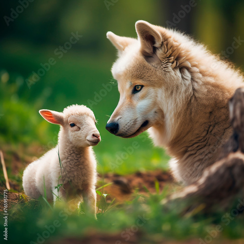 In grass, wolf and a lamb are peacefully sitting side by side. Predator and prey, wild animal and domestic animal.