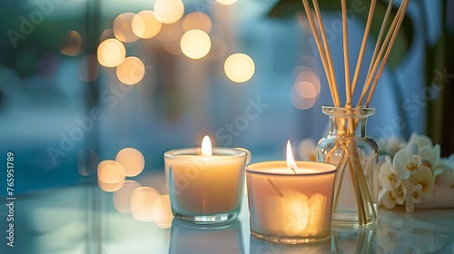 An arrangement of burning candles and aromatic reed freshener on a table in a spa salon, providing space for text and evoking a relaxing atmosphere photo