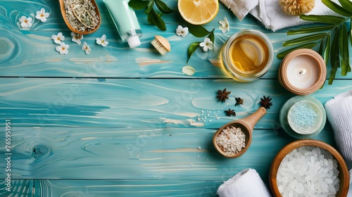 An assortment of spa treatments presented on a blue wooden table, showcasing various elements for relaxation and self-care photo