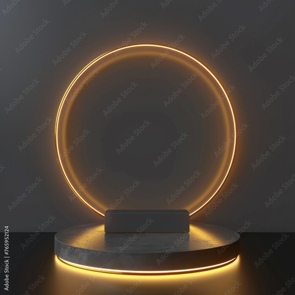 3D realistic luxury modern black and gold cylinder podium stand with gray circle and yellow neon lighting wall scene dark background. Product display mockup for cosmetic, showroom. Generative AI