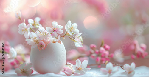 Eggshell vases with pastel spring flowers, warm bokeh lights background.