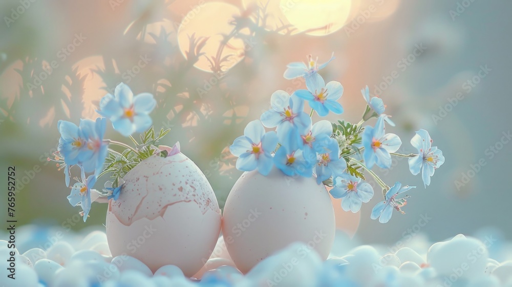 Eggshell vases with pastel spring flowers, warm bokeh lights background. Eggshell vases with pastel spring flowers, warm bokeh lights background.