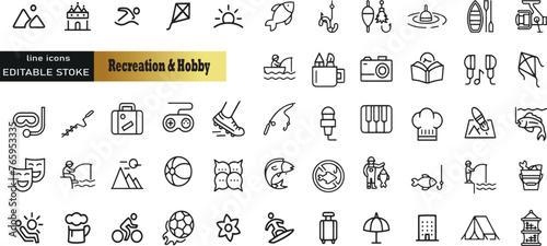 Set of line icons in linear style. Set - Recreation. Hobby,vacation and entertainment. Web line icon. Outline pictogram and infographic. Editable stroke.