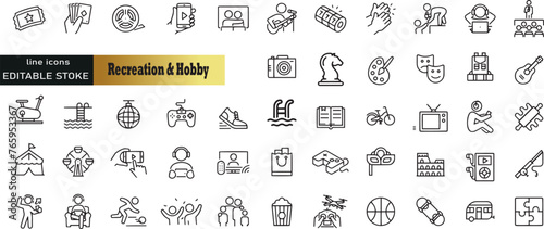 Set of line icons in linear style. Set - Recreation. Hobby,vacation and entertainment. Web line icon. Outline pictogram and infographic. Editable stroke.