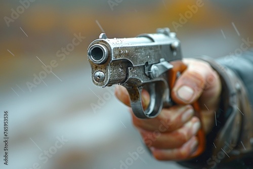 Rusty handgun held in hand on dark background, vintage firearm weapon for self defense