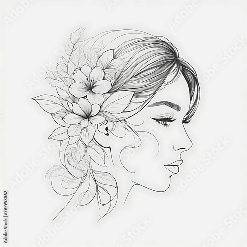 Abstract female face in one line. Woman face with flowers Surreal Line art female floral girl. Minimalism Abstract modern Continuous single line woman face portrait 