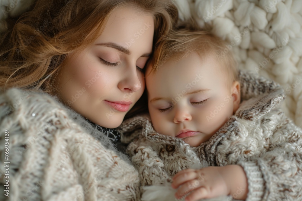 Mother and Baby Blissfully Sleeping Together on a Cozy Blanket in Front of a Neutral Background Mother and Baby Blissfully Sleeping Together on a Cozy Blanket in Front of a Neutral Background