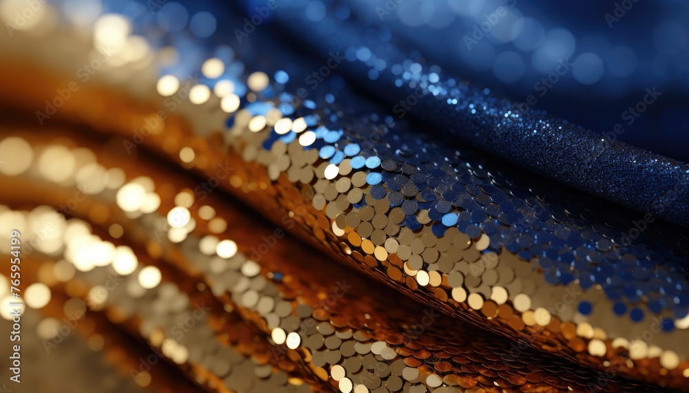 A piece of fabric with gold and blue glitter on it