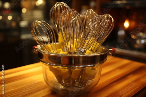 Metal whisk for whipping and beating eggs on wooden kitchen table, close-up shot