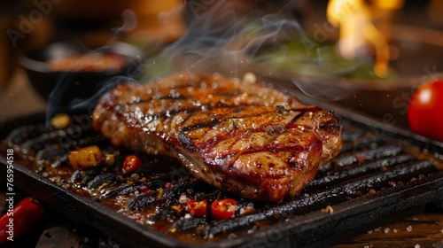 A piece of meat seasoned with spices is grilled and placed on a rustic background.