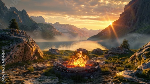 fire burning in the mountains with sunrise in the background