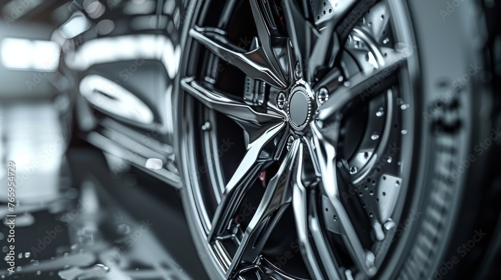 Dynamic close-up of a high-performance sports car wheel in a professional auto repair garage Dynamic close-up of a high-performance sports car wheel in a professional auto repair garage