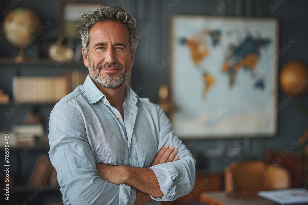 Fototapeta premium Successful mature businessman smiling confidently with arms crossed in his modern office