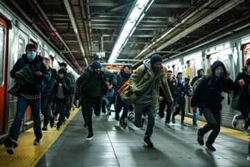 Crowd of people running out of subway station in panic