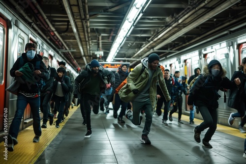 Crowd of people running out of subway station in panic