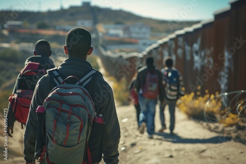 Young migrants men walking along the border photo