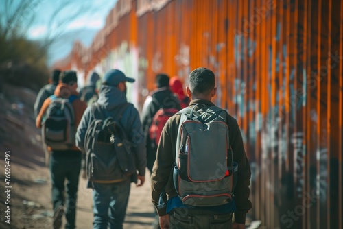 Young migrants men walking along the border photo