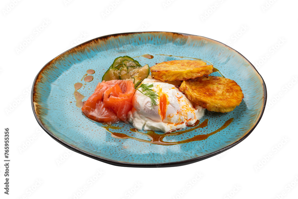 poached egg with salmon, cucumbers and pancakes on an isolated white background in a plate poached egg with salmon, cucumbers and pancakes on an isolated white background in a plate