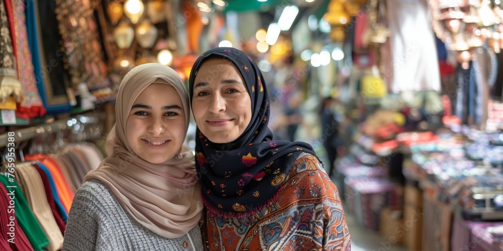 Happy  middle eastern Arab muslim mother and daughter  wearing a hijab shopping at a middle eastern market bazar looking at the camera smiling