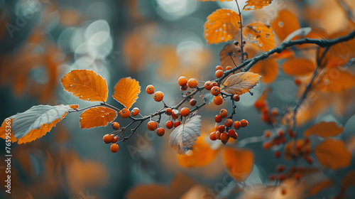 a close up of a branch with a yellow flower on it and a blurry background of blue and orange.