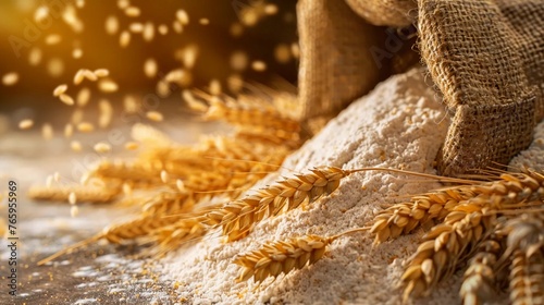 A bag with flour and golden grain © PhotoHunter