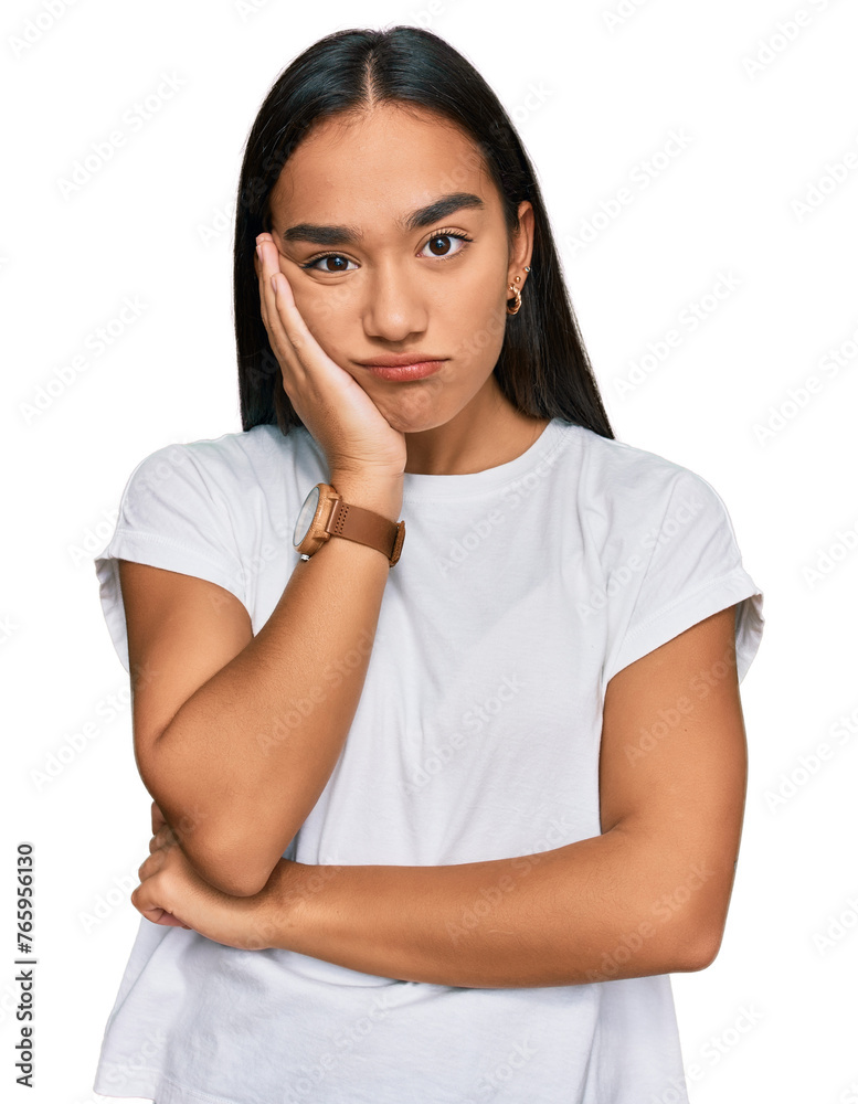 Young asian woman wearing casual white t shirt thinking looking tired and bored with depression problems with crossed arms. Young asian woman wearing casual white t shirt thinking looking tired and bored with depression problems with crossed arms.