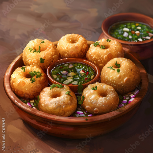 Panipuri or Golgappa is a common street snack from India. It's a round, hollow puri filled with a mixture of flavoured water and other chat items. Over colourful or wooden background. Selective focus © Anas Graphics