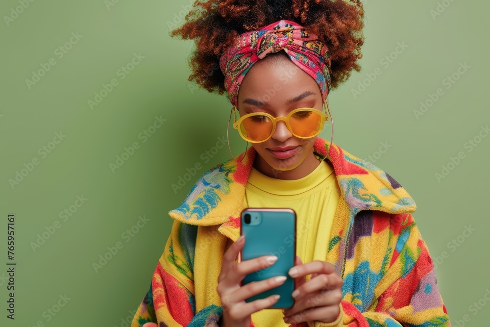 Fashionable young woman with bright style using smartphone on green background. A fashionable young woman with curly hair in a bright outfit and stylish yellow glasses is focused on her phone. Her Fashionable young woman with bright style using smartphone on green background. A fashionable young woman with curly hair in a bright outfit and stylish yellow glasses is focused on her phone. Her