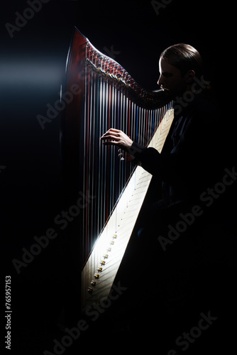 Harp player. Irish harpist playing celtic harp