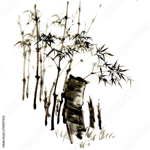 Watercolor illustration of bamboo. Gohua, traditional chinese ink and wash painting.
