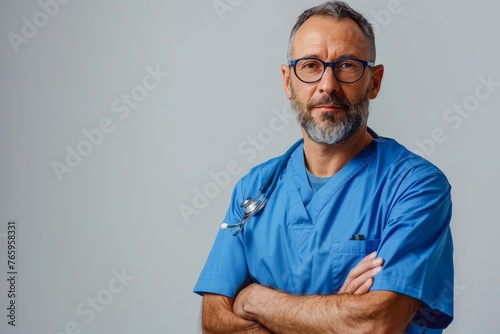 Confident medical worker with stethoscope in blue scrubs - portrait