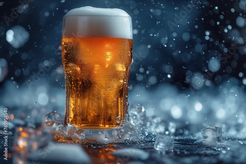 Glass of beer with foam. Pieces of ice around a cup of beer on a frosty background. Refreshing drops fly in all directions. Beer foam flowed onto the table and froze