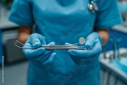 Close-up of Skilled Dentist's Hands in Blue Gloves Holding Dental Mirror and Probe, Instrument Sterility and Precision in Modern Dentistry