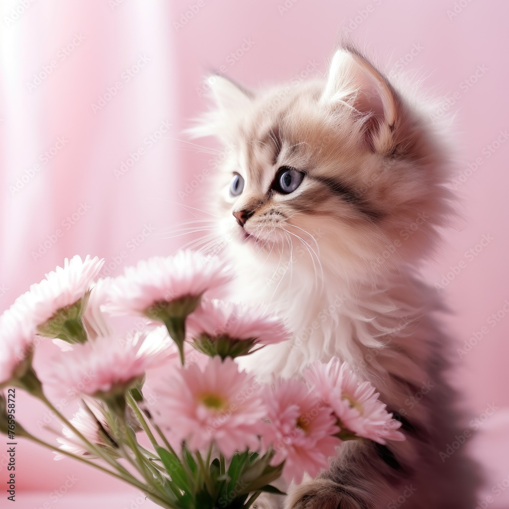 Fluffy kitten with pink flowers on a soft pink background