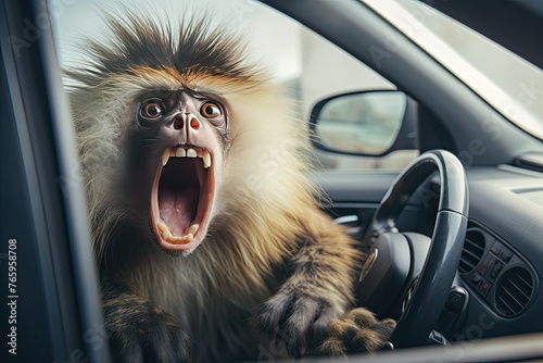 Surprised baboon sitting in the driver's seat of a car