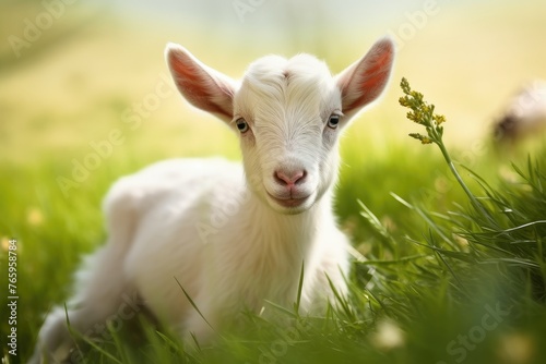 White baby goat lying in green grass with a soft look b