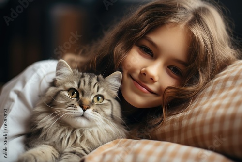 Young girl snuggling with a fluffy cat