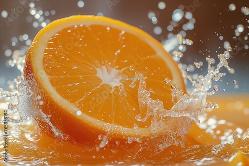 Juicy oranges dynamically fells into the orange juice  splashing fresh drops around. Half an orange looks delicious and attractive. Healthy fruit concept  concept for fruit juice design