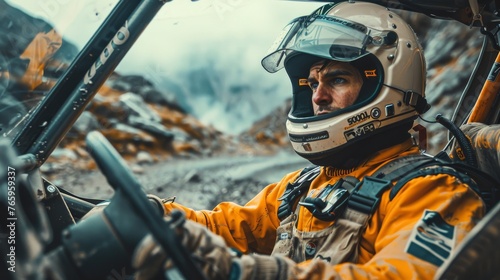 The gaze of a rally driver standing on the starting line, with muddy footprints reflected in the visor of his helmet. A moment of intense concentration is captured as a rally driver in a bright yellow