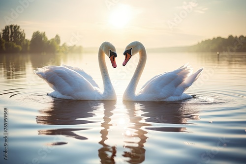 Swans forming heart shape on lake