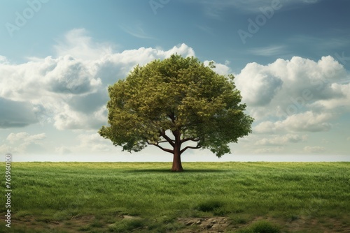 Solitary tree in a lush green field under a blue sky