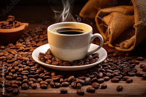 Steaming cup of coffee with beans on a rustic table