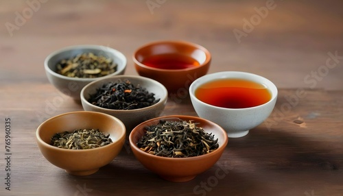 Set of different tea in saucer on wooden background  assortment of dry tea in ceramic bowls on blurred zen style background  with copy space created with generative ai